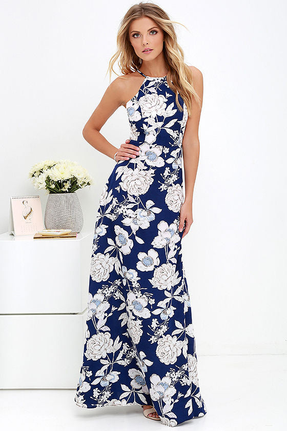 Bear Shoulder Halter High Waist Flower Print Long Dress – May Your Fashion
