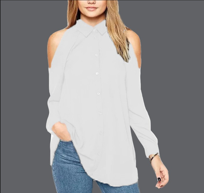 Shoulder Out Long Sleeves Pure Color Turn-down Collar Blouse
