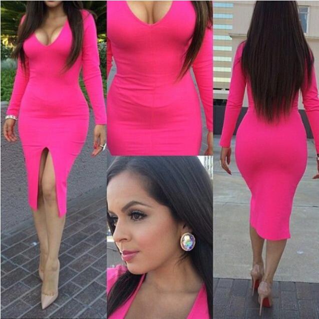 V-neck Long Sleeves Split Over-knee Length Dress - MeetYoursFashion - 1