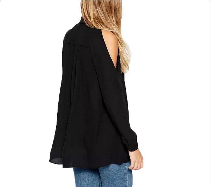 Shoulder Out Long Sleeves Pure Color Turn-down Collar Blouse