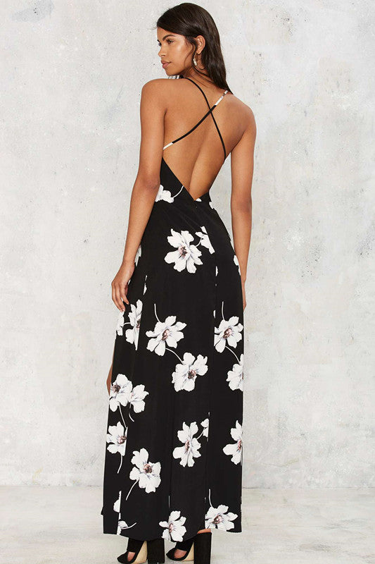Print V-neck Back Cross Split Long Dress 