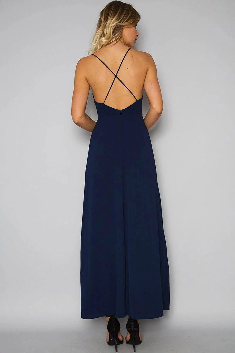 Embroidery Print Irregular Spaghetti Straps Back Cross Long Dress 