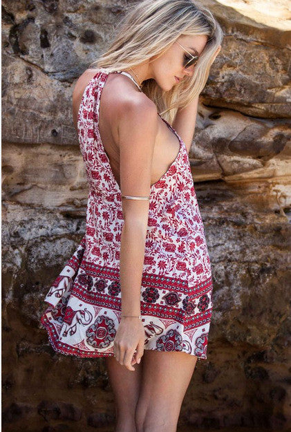 Elephant Floral Spaghetti Strap Sleeveless O-neck Short Dress
