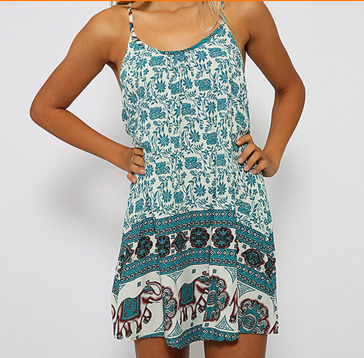 Elephant Floral Spaghetti Strap Sleeveless O-neck Short Dress