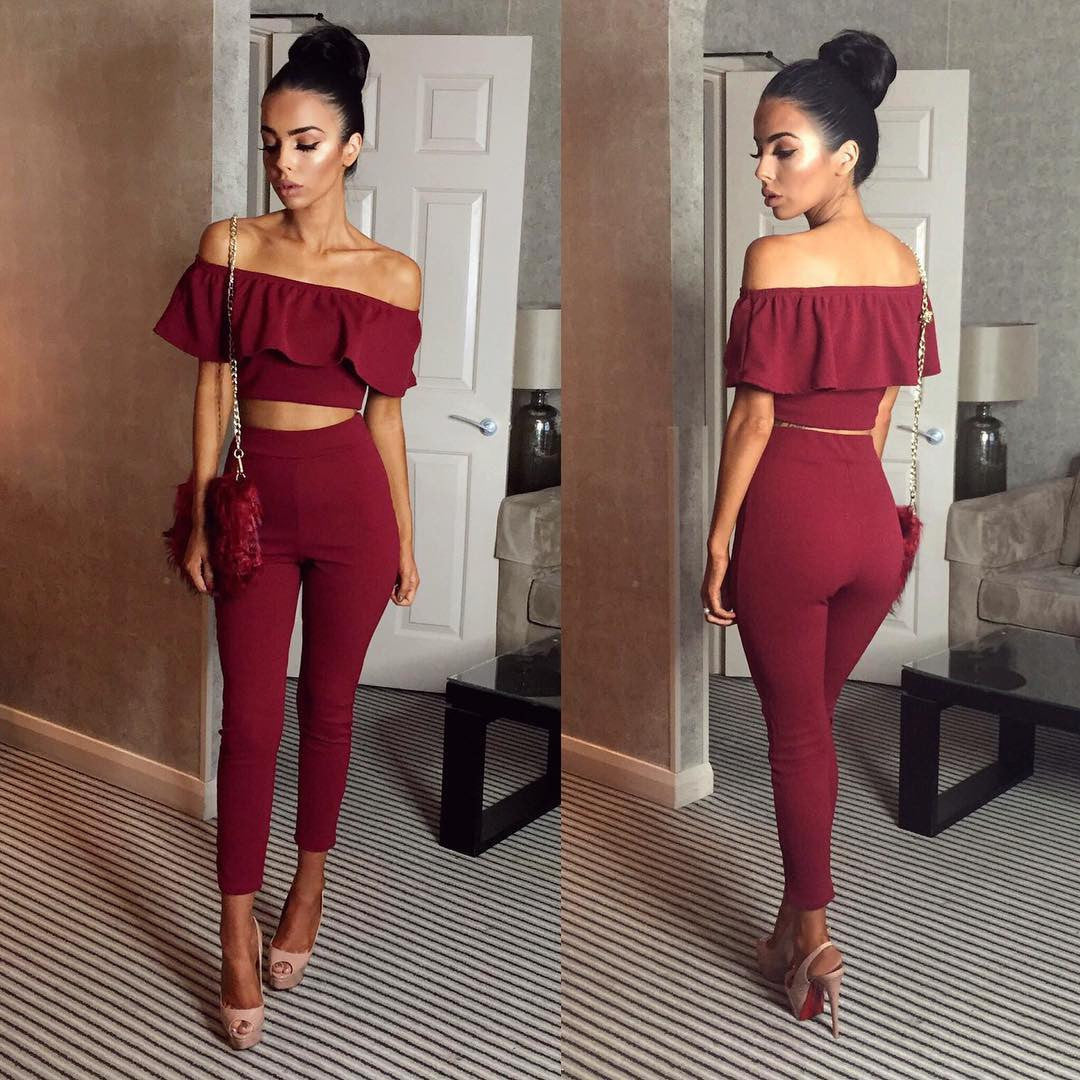 Pure Color Falbala Brief Paragraph Top And Pencil Pants Set