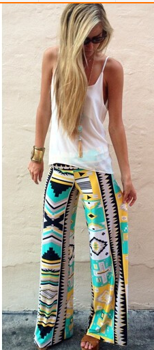 Bohemian Style Print Wide Leg Regular Pants