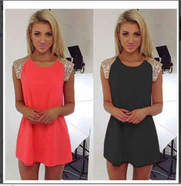 Sleeveless Scoop Splicing Sequins Loose Short Dress