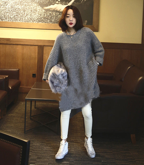 Gray Slitting Irregular Knitting Long Sweater