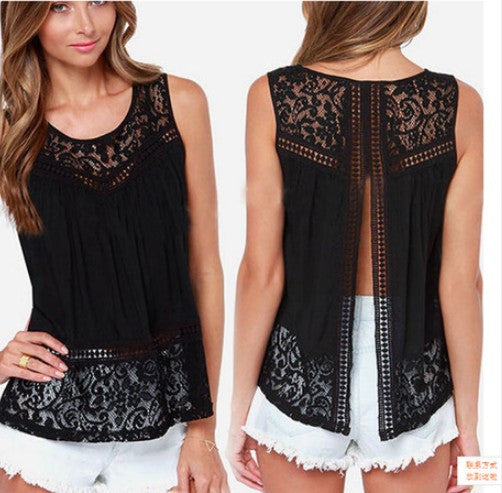 Sleeveless Scoop Lace Patchwork Spilt Crochet Blouse - May Your Fashion - 2