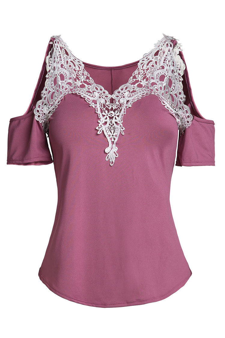 Dew Shoulder Stitching Embroidery Lace T-shirt