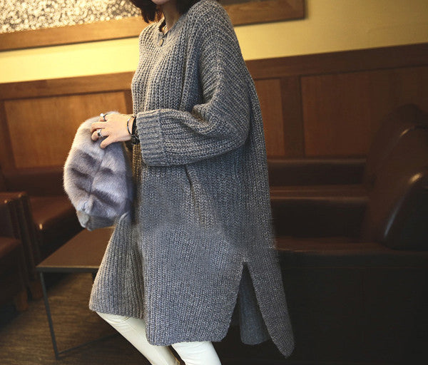 Gray Slitting Irregular Knitting Long Sweater