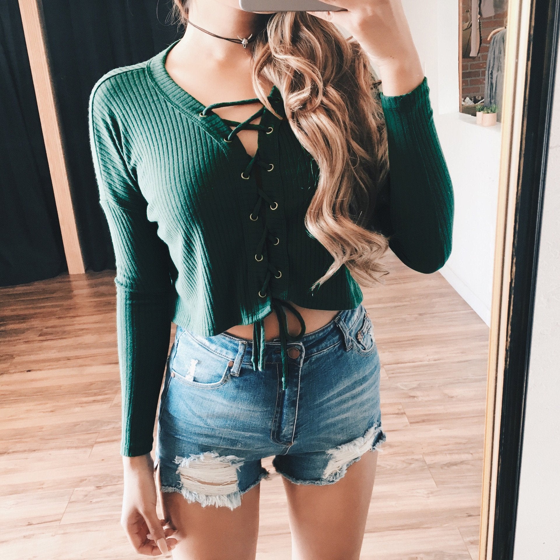 Pure Color Stretchy Ribbed-Knit Lace Up Blouse