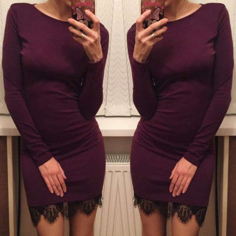 Scoop Lace Patchwork Long Sleeves Slim Short Dress - May Your Fashion - 5