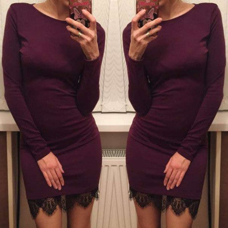 Scoop Lace Patchwork Long Sleeves Slim Short Dress - May Your Fashion - 5