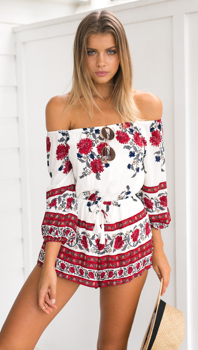 Off Shoulder Print Beach Shorts Jumpsuits