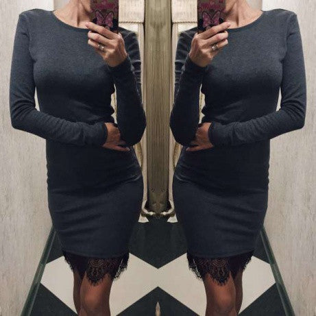 Scoop Lace Patchwork Long Sleeves Slim Short Dress - May Your Fashion - 6