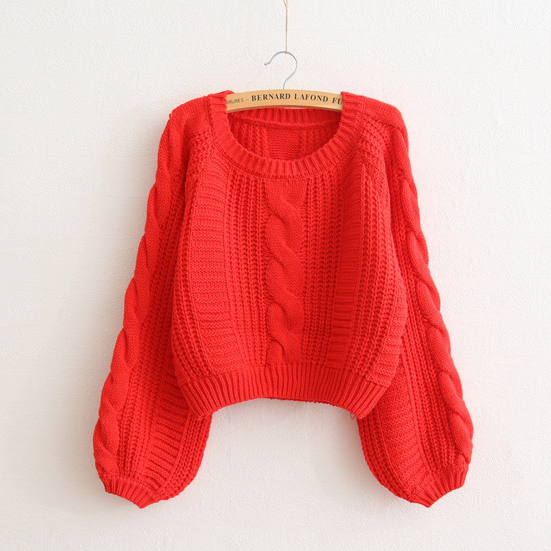 Cable Sleeve Coarse Yam Pure Color Pullover Sweater - May Your Fashion - 7