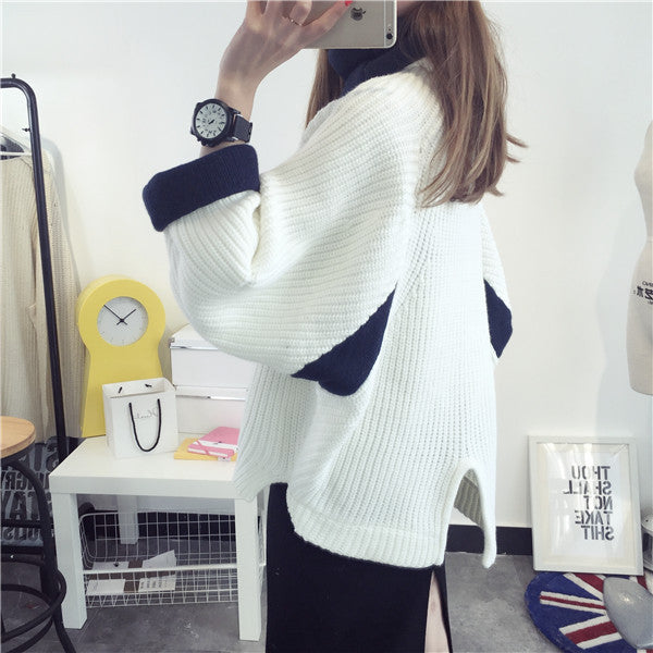 Korean Solid Color Knit Big Pullover Splicing Sweater - May Your Fashion - 6