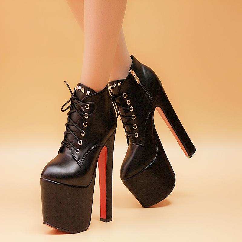 Lace Up Zipper PU Round Toe Platform Supper HIgh Heels Party Shoes