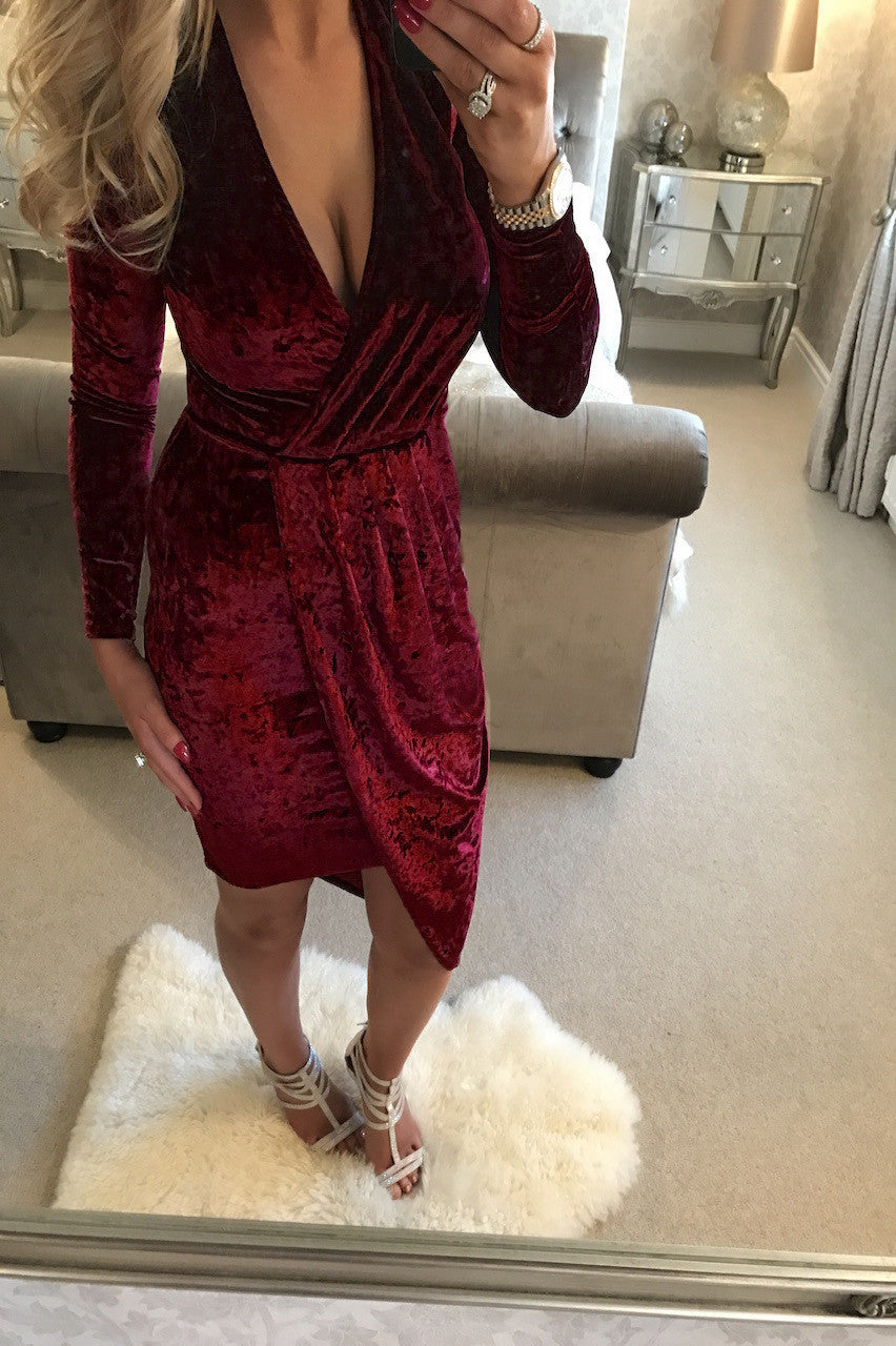 Sexy Pleuche Wrap Deep V Neck Long Sleeve Irregular Dress