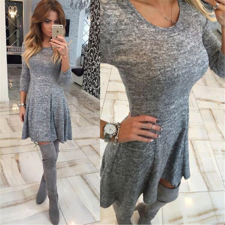 Fashion Gray A-Line Pleated Long Sleeve Short Dress