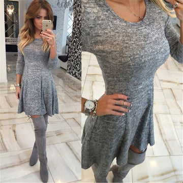 Fashion Gray A-Line Pleated Long Sleeve Short Dress