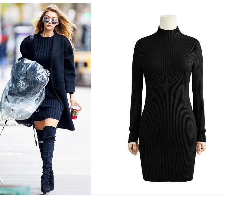 High Neck Bodycon Knitting Sweater Dress