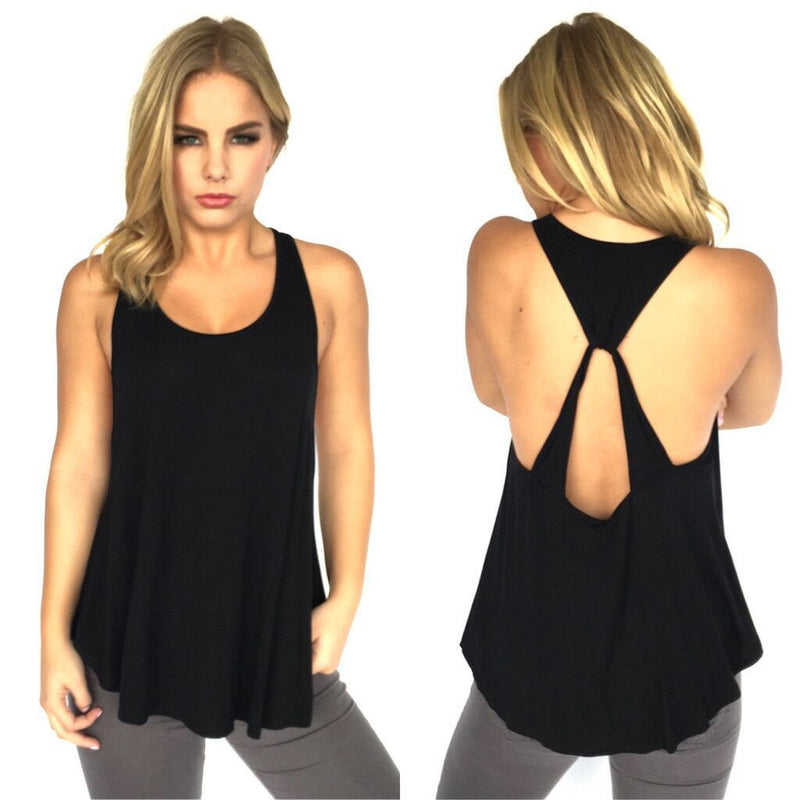 Scoop Sleeveless Backless Pure Color Backcross Blouse - May Your Fashion - 4