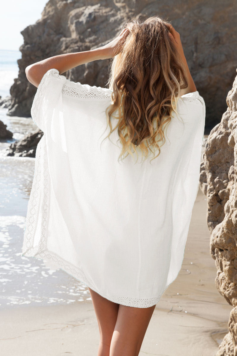 Loose V-neck Long Sleeve Short Beach Cover Up Dress - May Your Fashion - 4