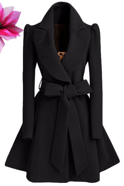 Pure Color Belt V-neck Bowknot Belt Long Sleeves Long Coat