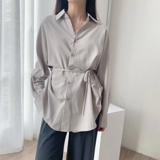 Linen Tops Blouses Korean Long Sleeve Khaki Shirts Drawstring Waist Oversized Tops