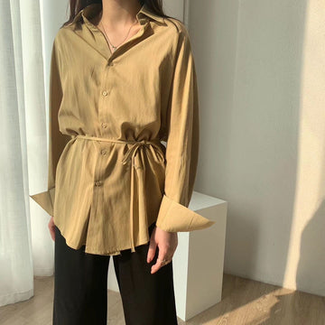 Linen Tops Blouses Korean Long Sleeve Khaki Shirts Drawstring Waist Oversized Tops