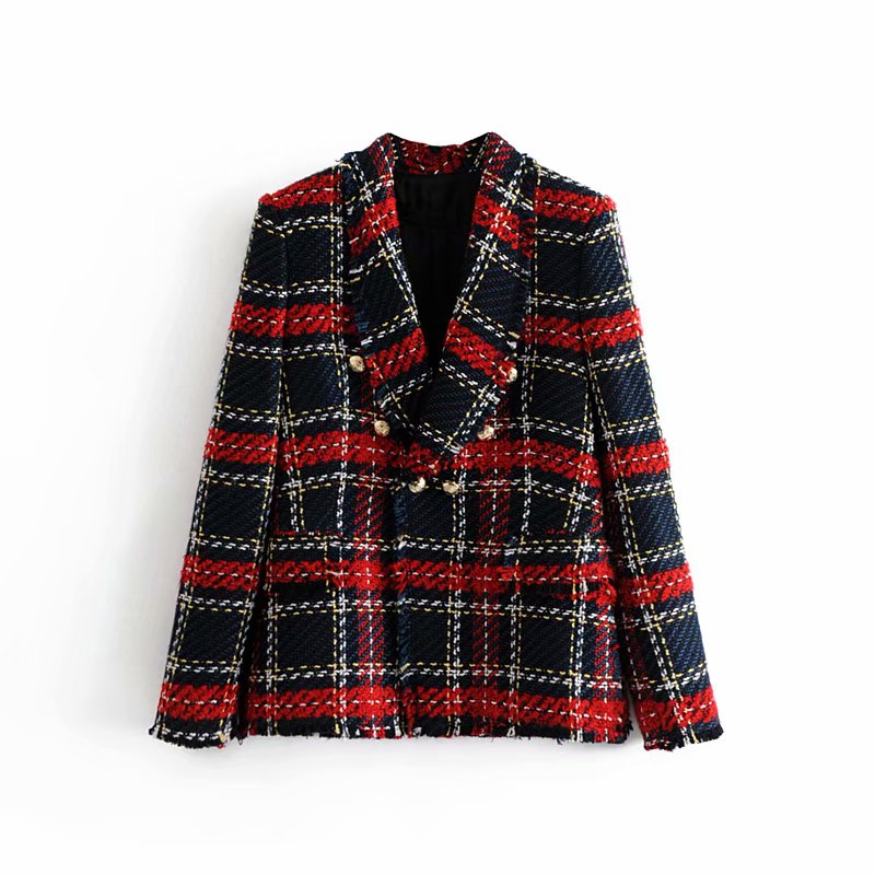 Vintage Double Breasted Blazers Coat Women Fashion Pockets Plaid Ladies Outerwear