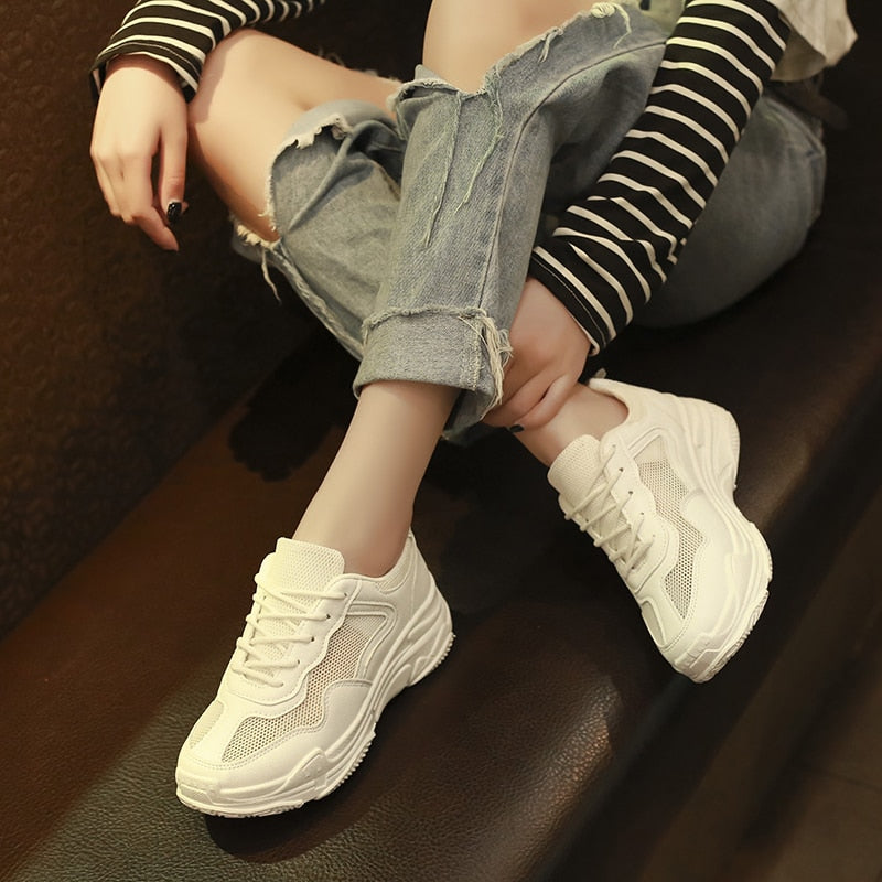 White Chunky Lace Up Height Increasing Sneakers