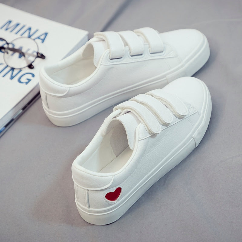 White Leather Heart Velcro Flat Sneakers
