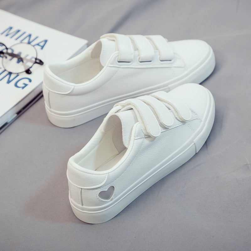 White Leather Heart Velcro Flat Sneakers