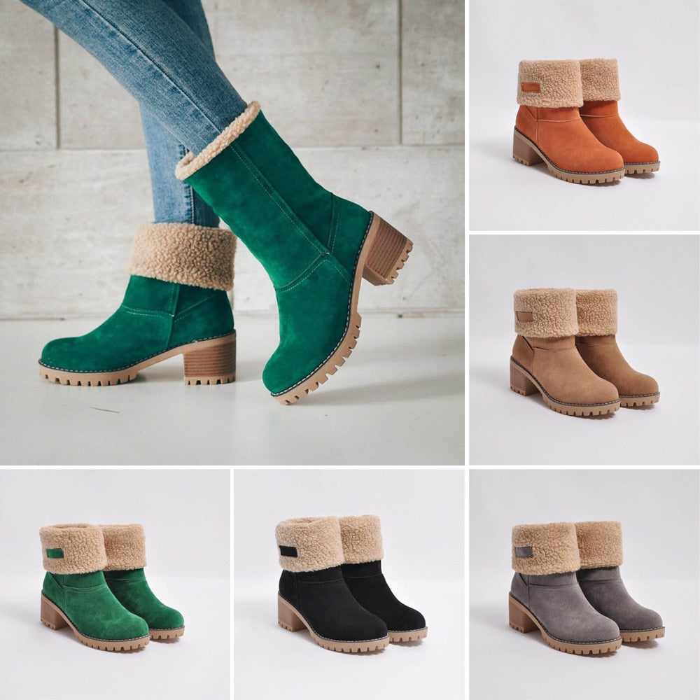 Winter Suede Round Toe Chunky Heel Ankle Boots