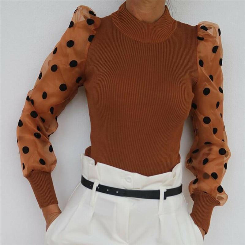 Women Spring Mesh Puff Long Sleeve Ribbed Knitted Shirt Loose Casual Polka Dots Blouse Tops