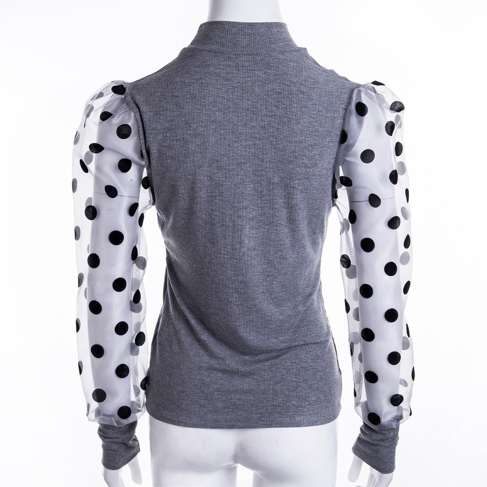 Women Spring Mesh Puff Long Sleeve Ribbed Knitted Shirt Loose Casual Polka Dots Blouse Tops
