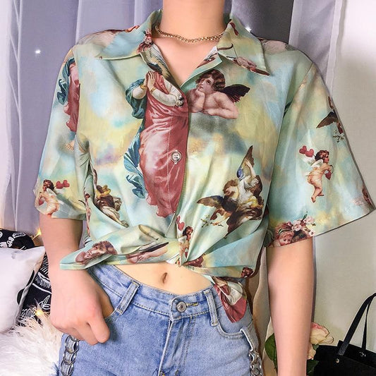 Women's Classic Angel Print Loose Thin Shirt Women Streetwear Roupas Femininas Bluse Women Summer Tops for Women Clothes