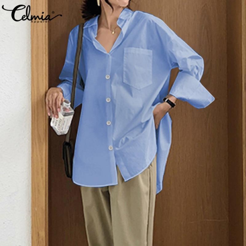 Women's Shirts Fashion Blouse Lapel Casual Solid Long Sleeve Buttons Asymmetric Tops