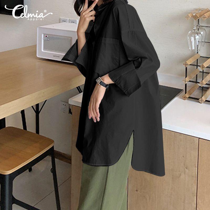 Women's Shirts Fashion Blouse Lapel Casual Solid Long Sleeve Buttons Asymmetric Tops