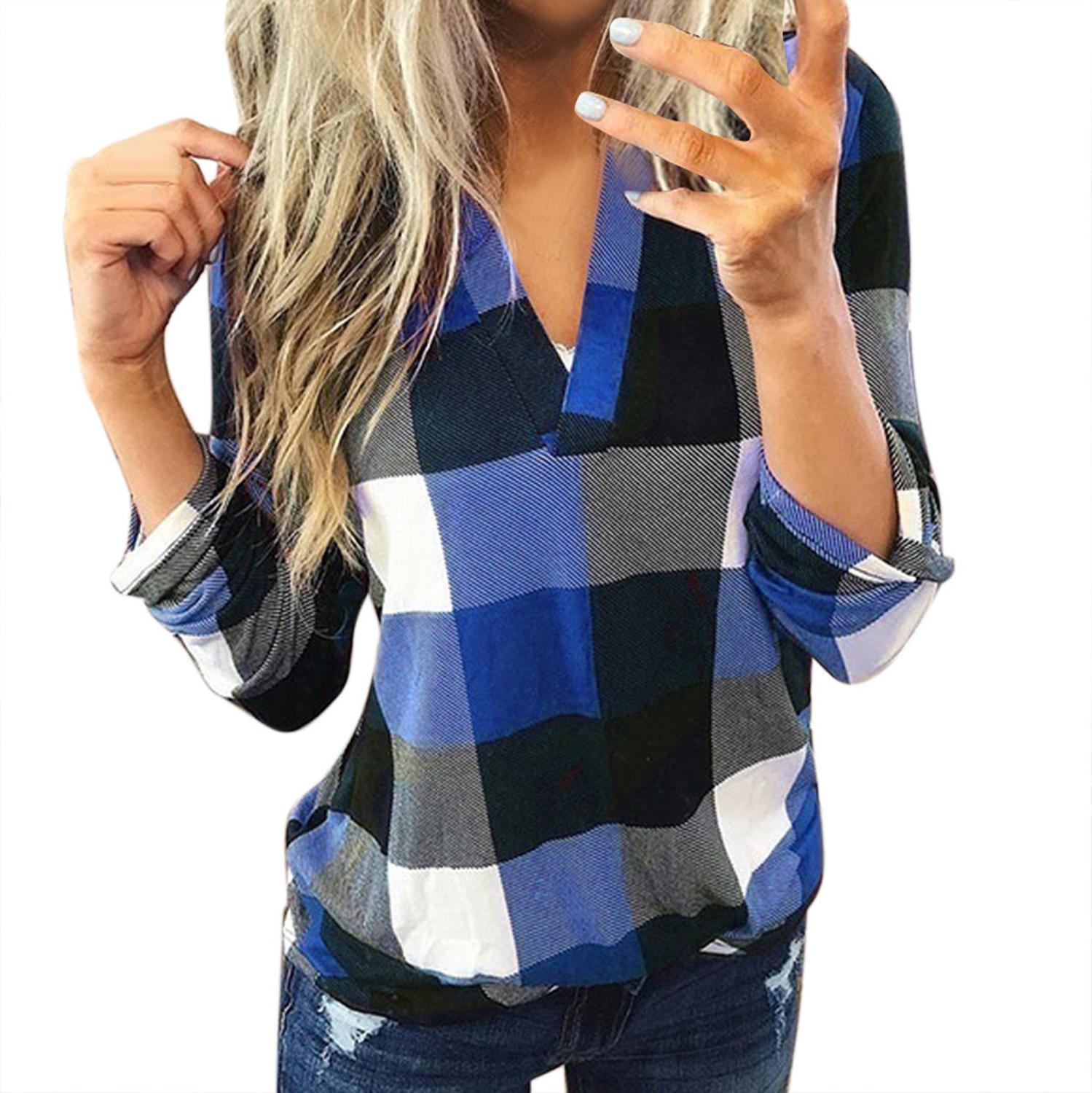 Womens Tops And Blouses Plus Size Autumn Women'S Plaid Blouse Shirts Sexy V Neck Female Blouses