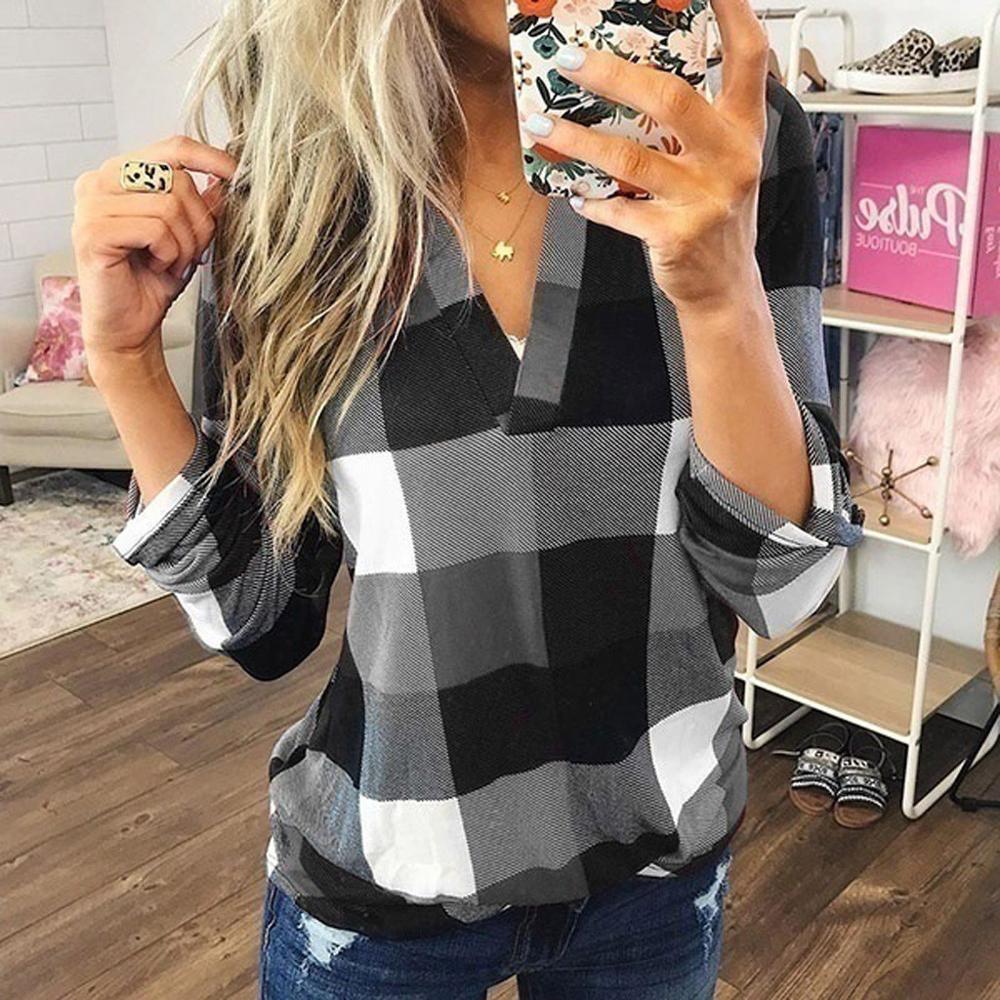 Womens Tops And Blouses Plus Size Autumn Women'S Plaid Blouse Shirts Sexy V Neck Female Blouses