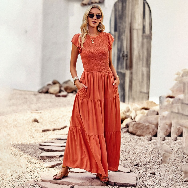 Summer Solid Round Neck Over-the-Knee Style Dress