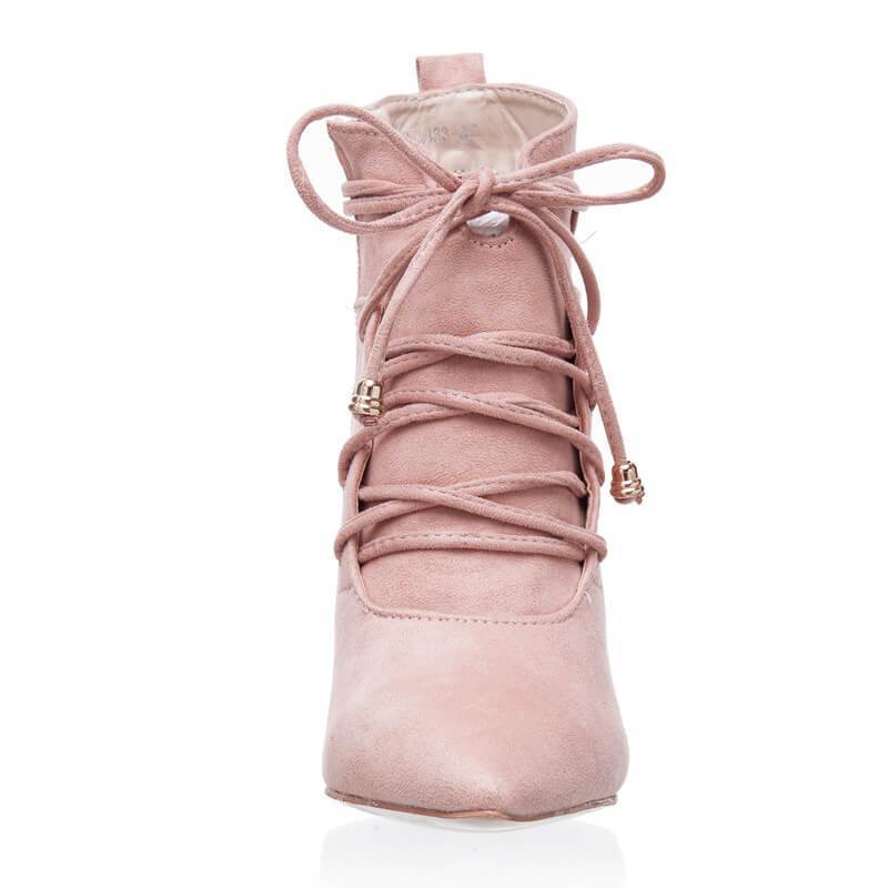 Pink Lace Up High Heel Suede Ankle Boots