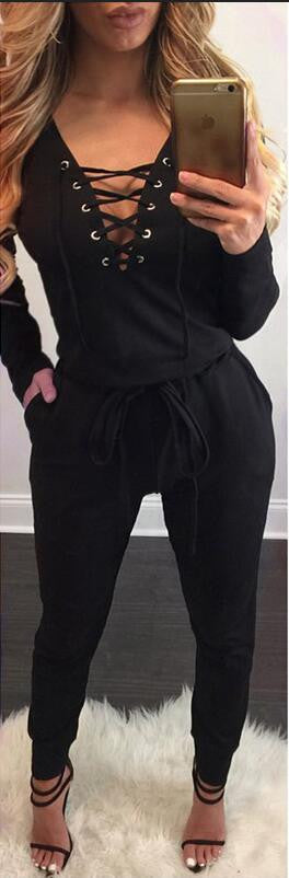 Long Sleeve Lace Up Deep V-neck Draw String Waist Long Jumpsuit