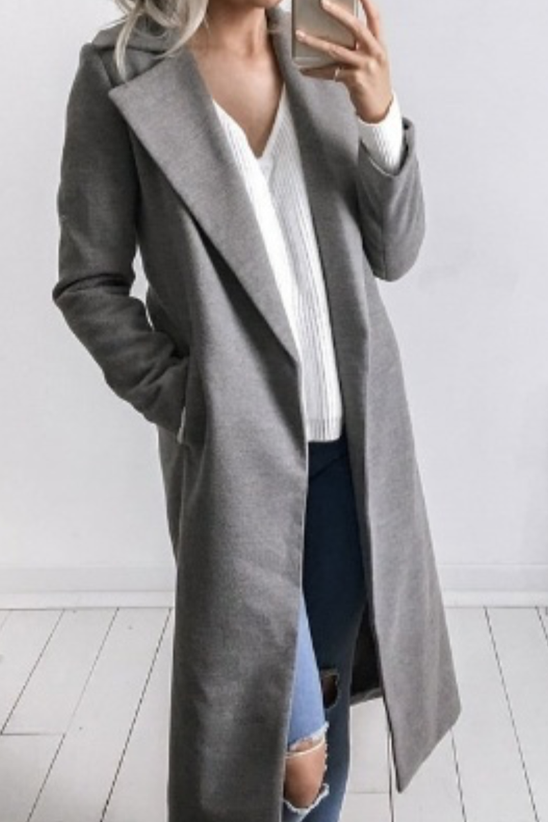 Lapel Collar Pockets Long Slim Woolen Coat