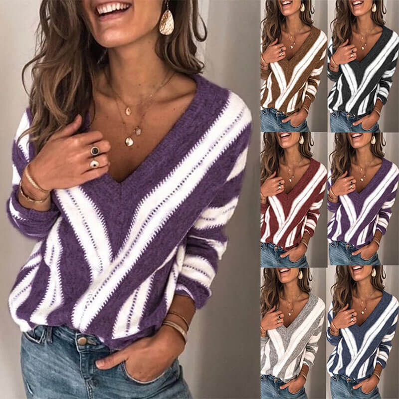 V Neck Striped Colorblock Knit Sweater