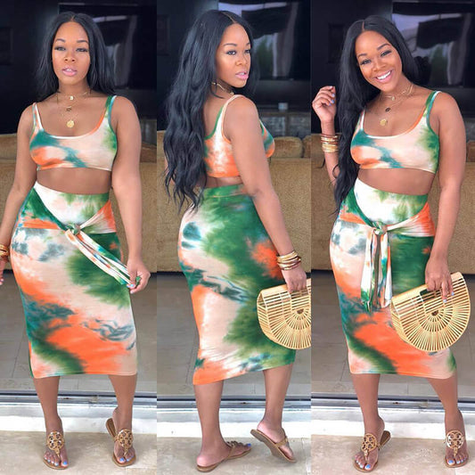 Spaghetti Straps Crop Top Calf Skirt Set